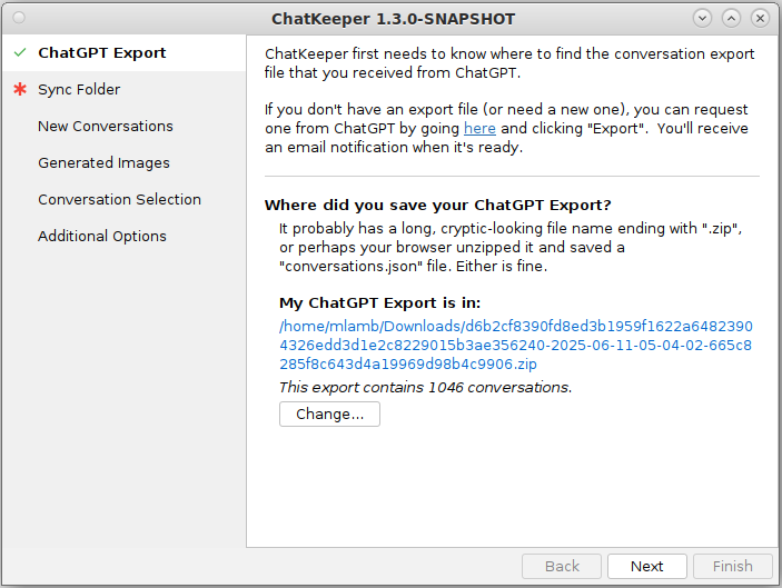 Specifying your ChatGPT export data location (the first unnamed CLI parameter)